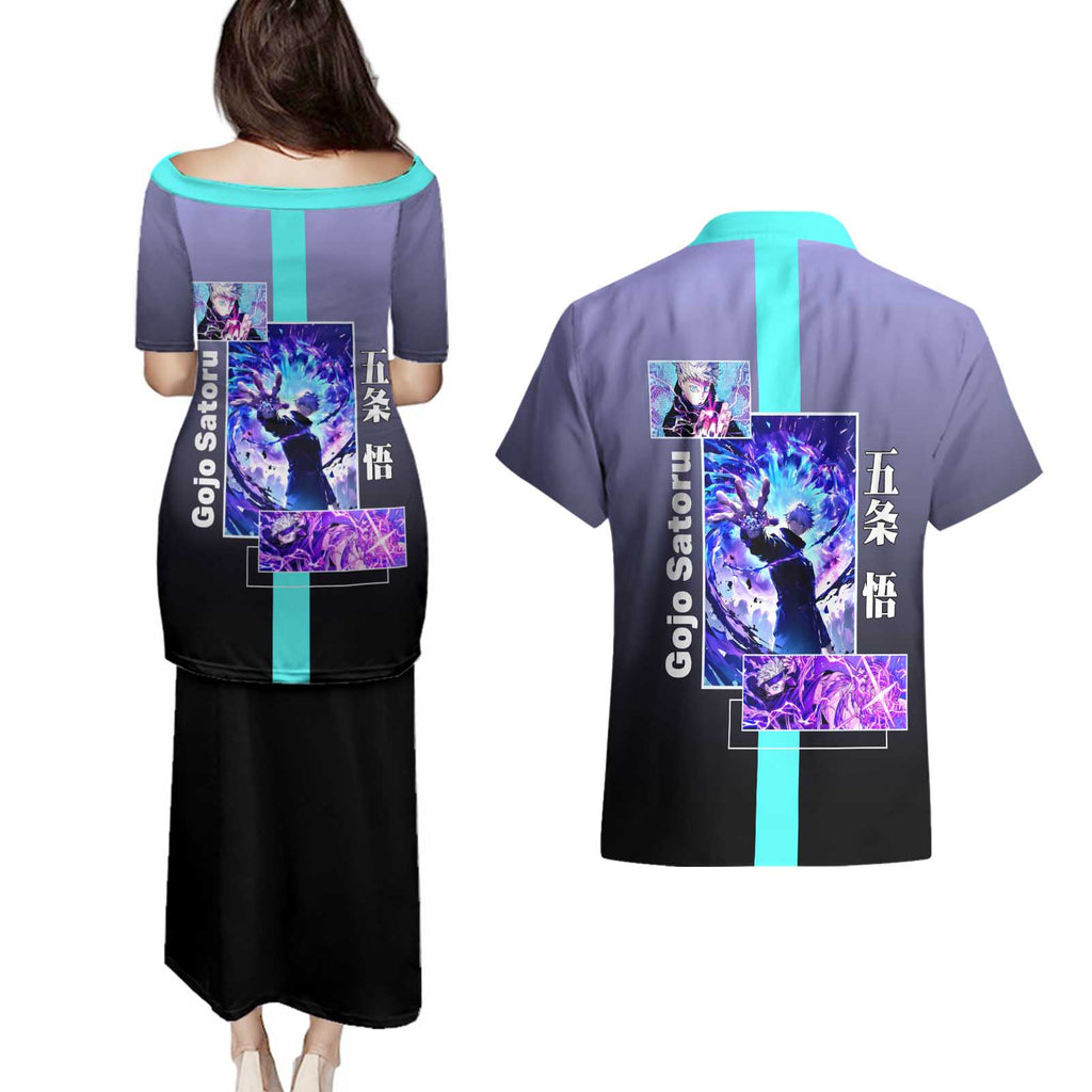 Satoru Gojo from Jujutsu Kaisen Couples Matching Puletasi and Hawaiian Shirt with Purple and Blue Background and Multiple Poses Design - The Mazicc