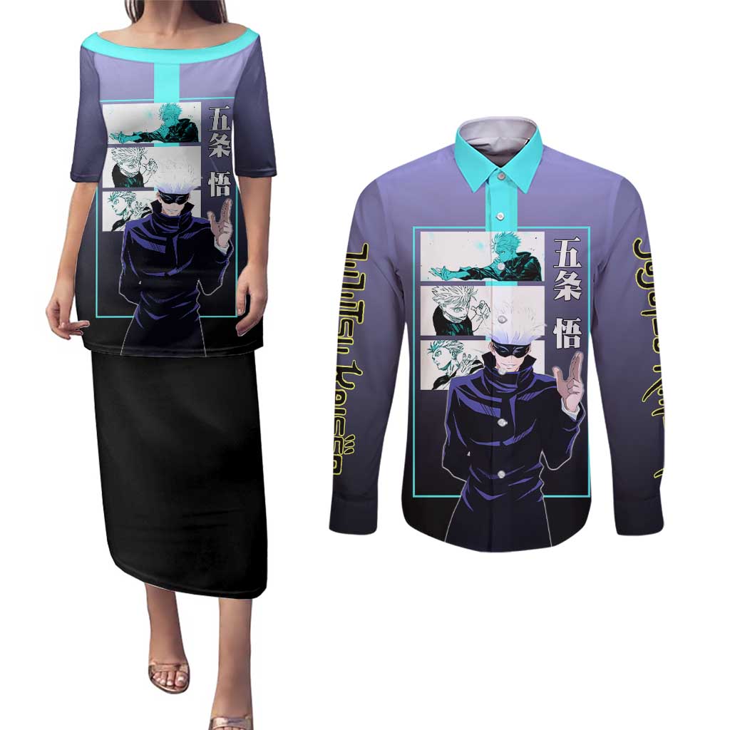 Satoru Gojo from Jujutsu Kaisen Couples Matching Puletasi and Long Sleeve Button Shirt with Purple and Blue Background and Multiple Poses Design - The Mazicc