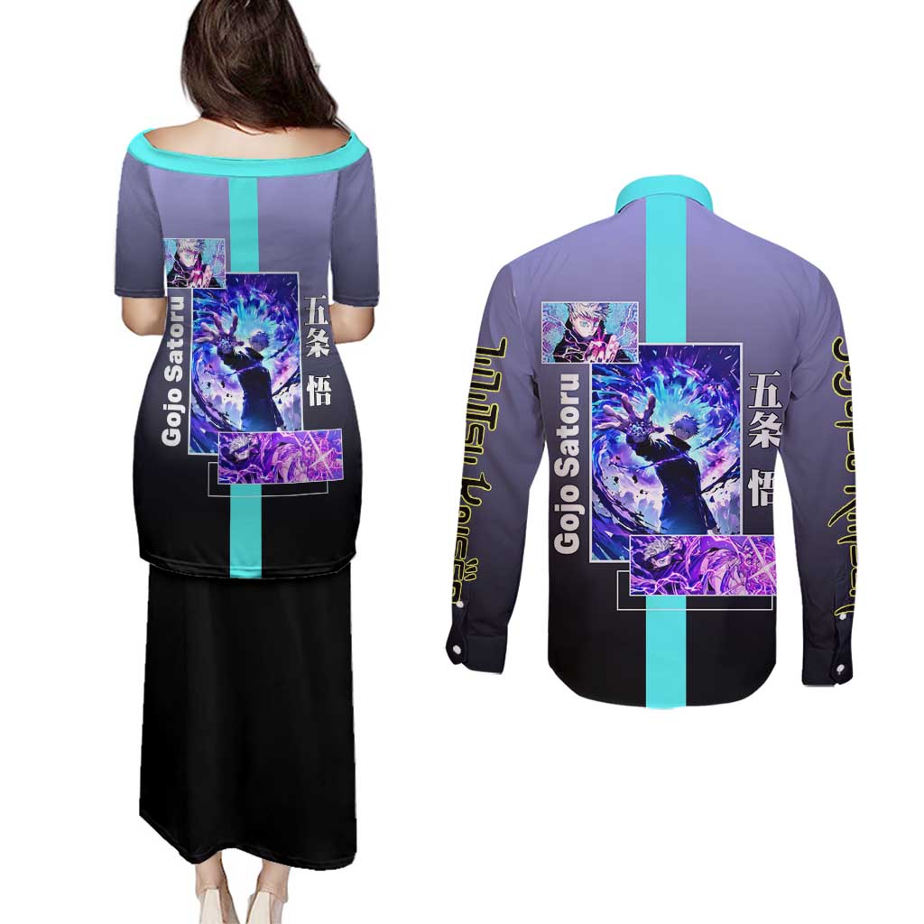 Satoru Gojo from Jujutsu Kaisen Couples Matching Puletasi and Long Sleeve Button Shirt with Purple and Blue Background and Multiple Poses Design - The Mazicc