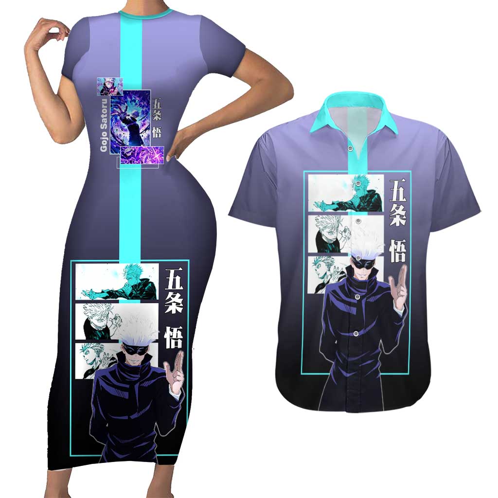 Satoru Gojo from Jujutsu Kaisen Couples Matching Short Sleeve Bodycon Dress and Hawaiian Shirt with Purple and Blue Background and Multiple Poses Design - The Mazicc