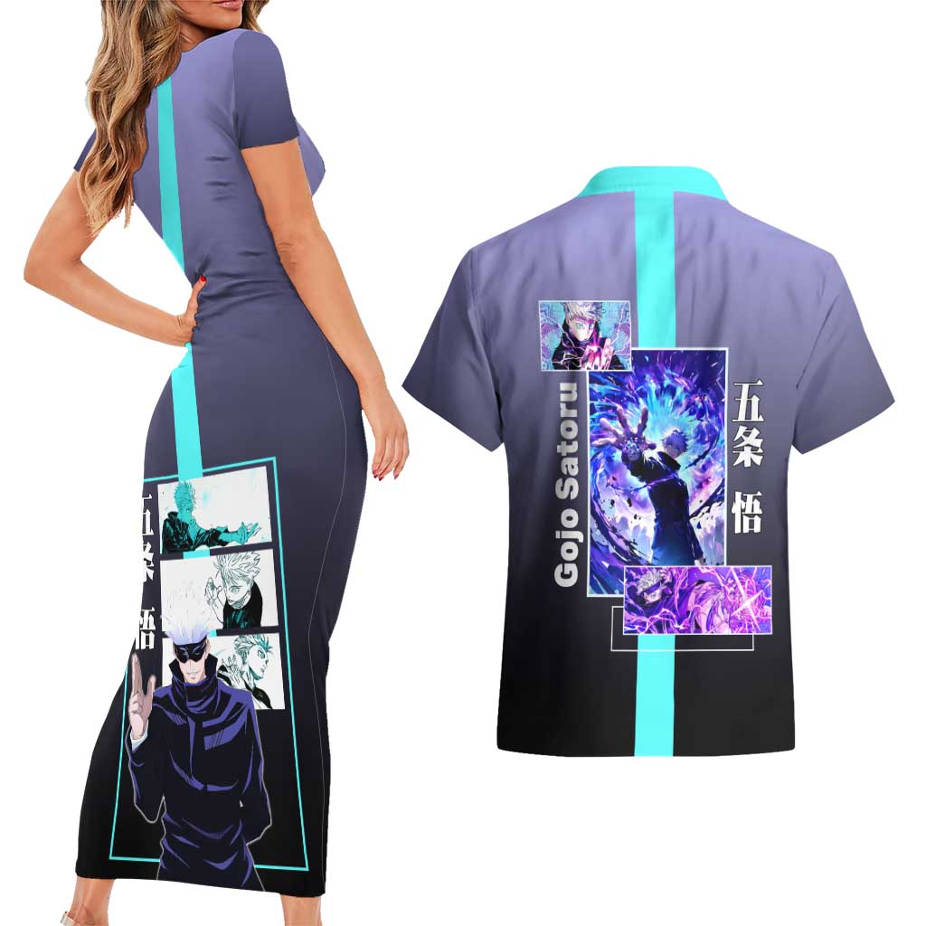 Satoru Gojo from Jujutsu Kaisen Couples Matching Short Sleeve Bodycon Dress and Hawaiian Shirt with Purple and Blue Background and Multiple Poses Design - The Mazicc