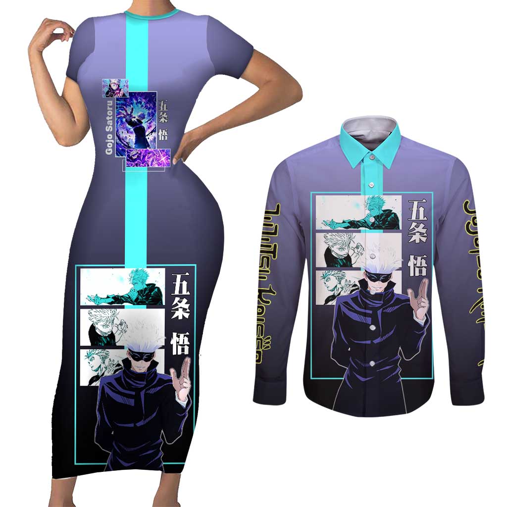Satoru Gojo from Jujutsu Kaisen Couples Matching Short Sleeve Bodycon Dress and Long Sleeve Button Shirt with Purple and Blue Background and Multiple Poses Design - The Mazicc