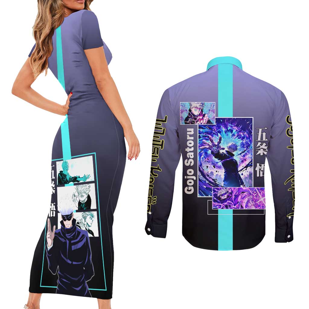 Satoru Gojo from Jujutsu Kaisen Couples Matching Short Sleeve Bodycon Dress and Long Sleeve Button Shirt with Purple and Blue Background and Multiple Poses Design - The Mazicc