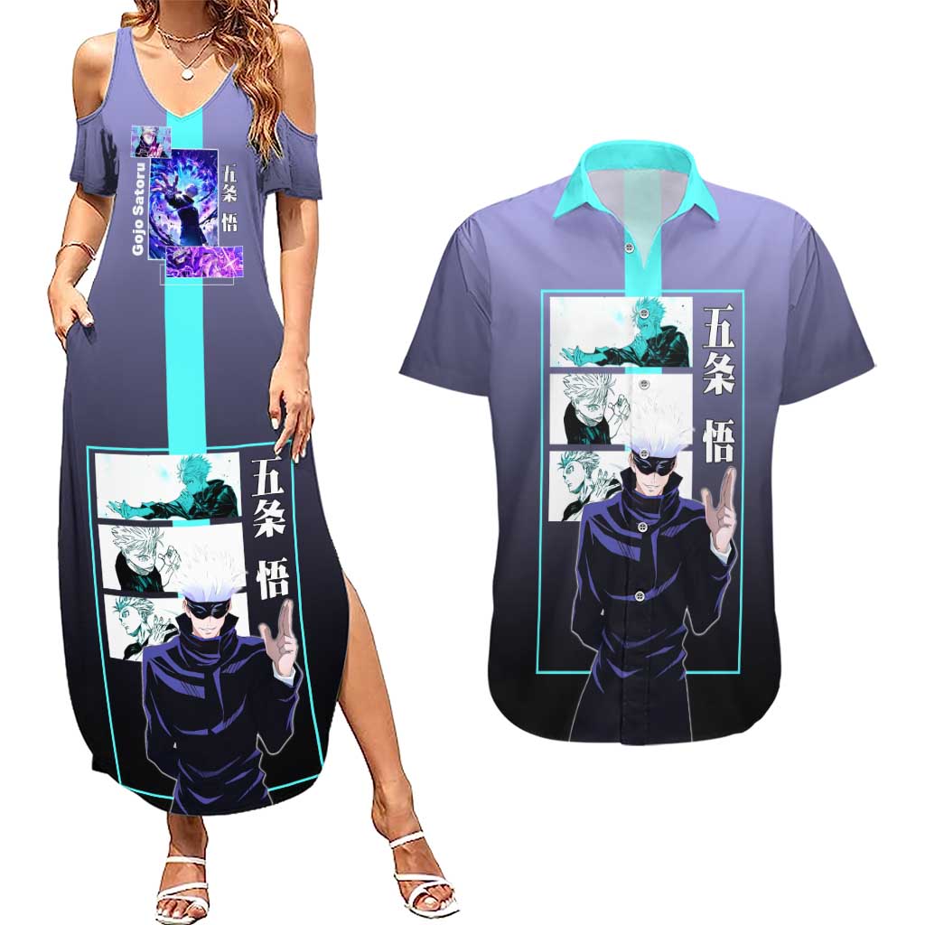 Satoru Gojo from Jujutsu Kaisen Couples Matching Summer Maxi Dress and Hawaiian Shirt with Purple and Blue Background and Multiple Poses Design - The Mazicc