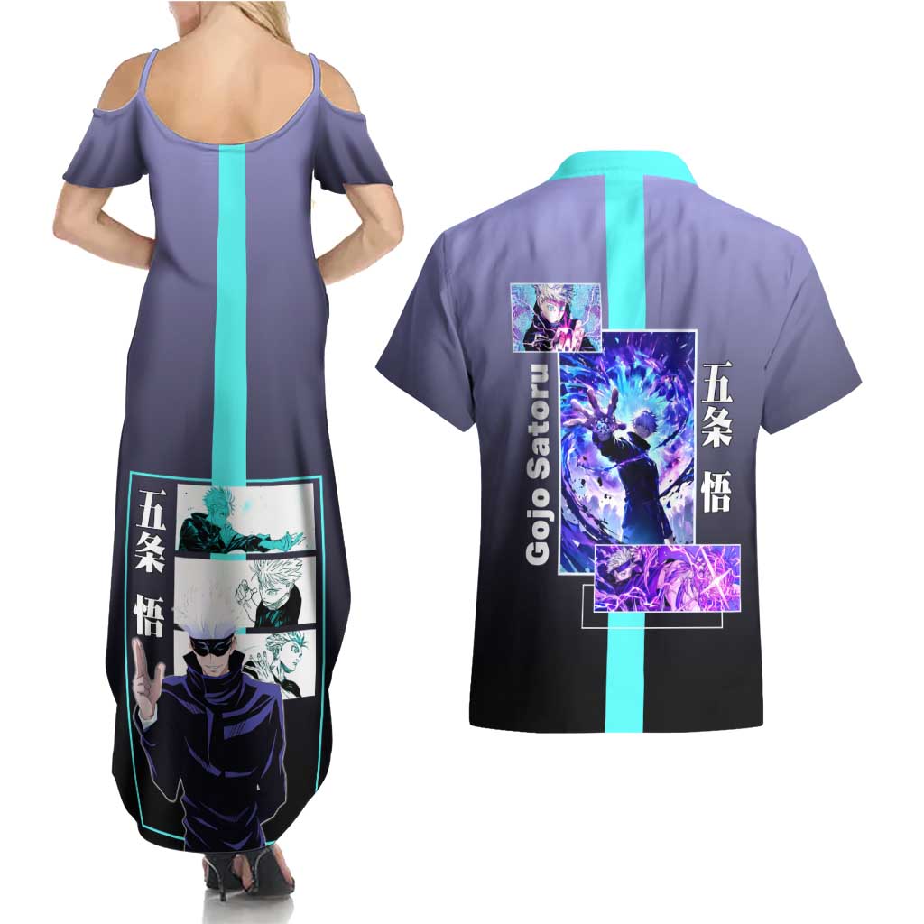 Satoru Gojo from Jujutsu Kaisen Couples Matching Summer Maxi Dress and Hawaiian Shirt with Purple and Blue Background and Multiple Poses Design - The Mazicc