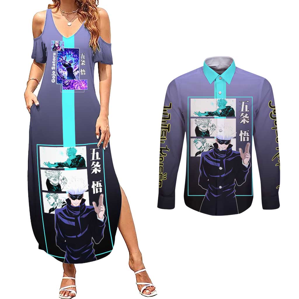 Satoru Gojo from Jujutsu Kaisen Couples Matching Summer Maxi Dress and Long Sleeve Button Shirt with Purple and Blue Background and Multiple Poses Design - The Mazicc