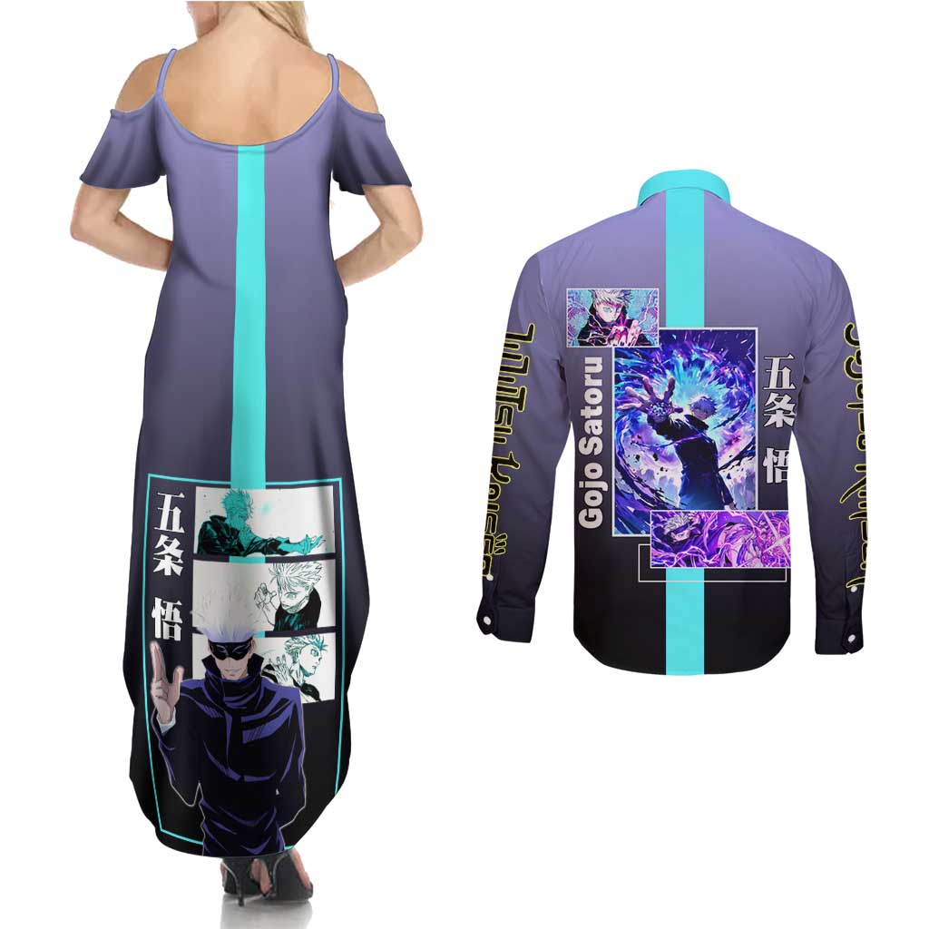 Satoru Gojo from Jujutsu Kaisen Couples Matching Summer Maxi Dress and Long Sleeve Button Shirt with Purple and Blue Background and Multiple Poses Design - The Mazicc