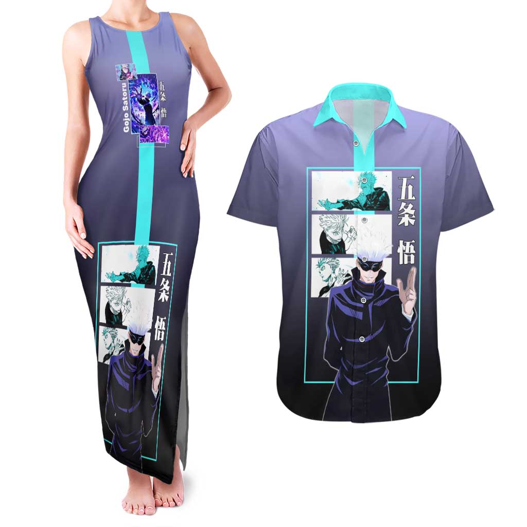 Satoru Gojo from Jujutsu Kaisen Couples Matching Tank Maxi Dress and Hawaiian Shirt with Purple and Blue Background and Multiple Poses Design - The Mazicc