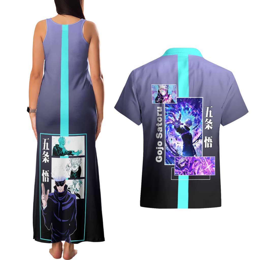 Satoru Gojo from Jujutsu Kaisen Couples Matching Tank Maxi Dress and Hawaiian Shirt with Purple and Blue Background and Multiple Poses Design - The Mazicc