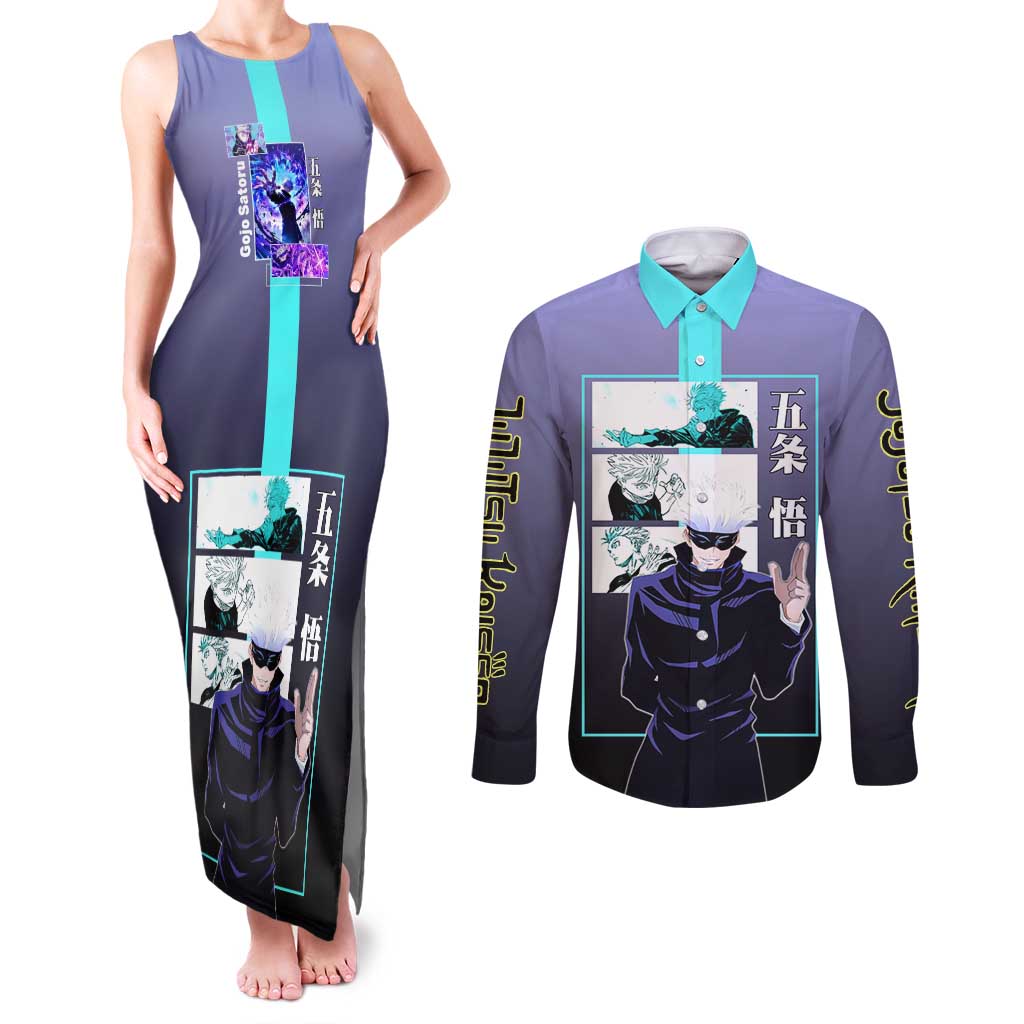 Satoru Gojo from Jujutsu Kaisen Couples Matching Tank Maxi Dress and Long Sleeve Button Shirt with Purple and Blue Background and Multiple Poses Design - The Mazicc