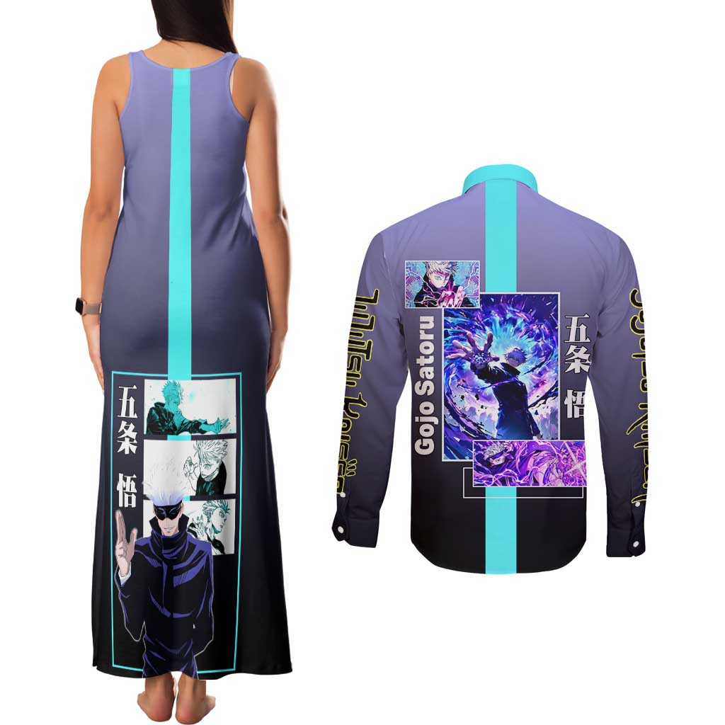 Satoru Gojo from Jujutsu Kaisen Couples Matching Tank Maxi Dress and Long Sleeve Button Shirt with Purple and Blue Background and Multiple Poses Design - The Mazicc