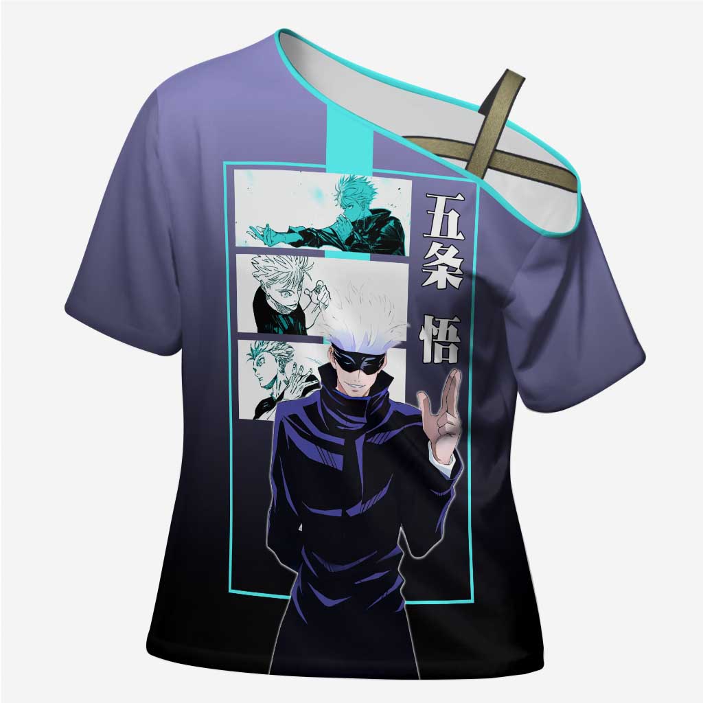 Satoru Gojo from Jujutsu Kaisen Cross Shoulder Shirt with Purple and Blue Background and Multiple Poses Design - The Mazicc
