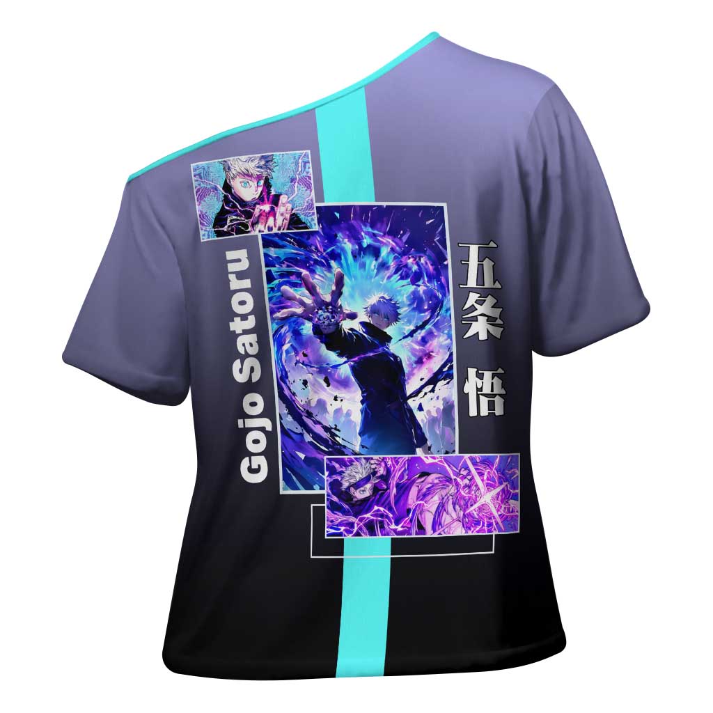 Satoru Gojo from Jujutsu Kaisen Cross Shoulder Shirt with Purple and Blue Background and Multiple Poses Design - The Mazicc