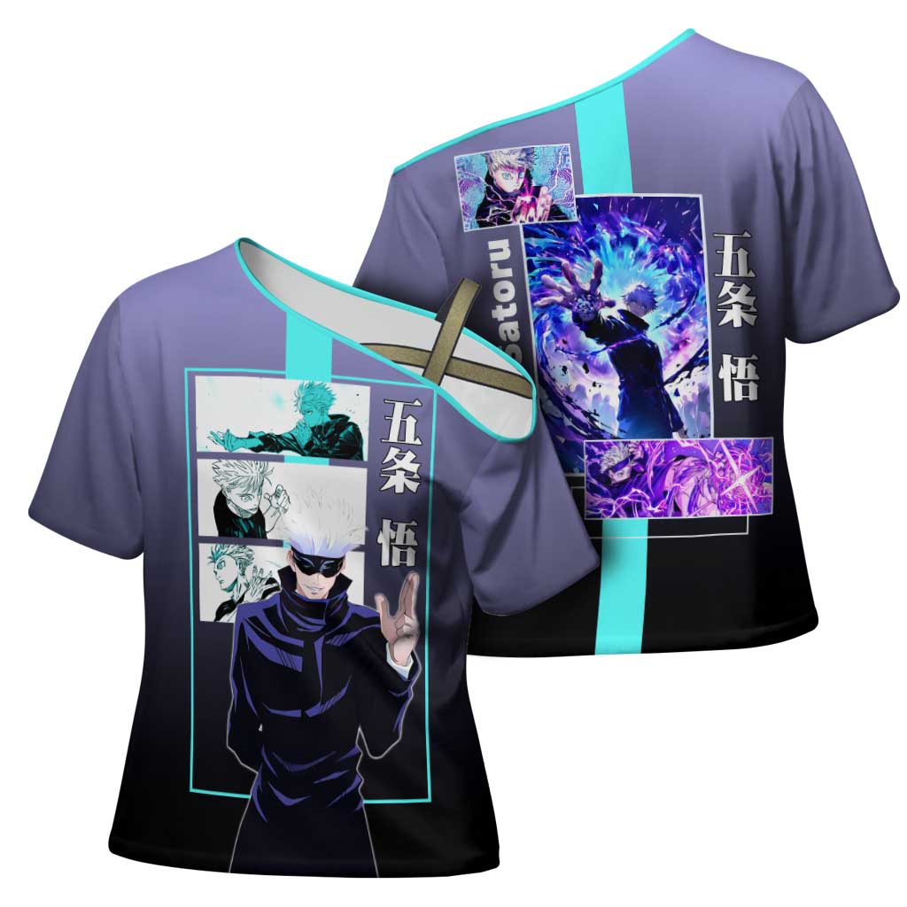 Satoru Gojo from Jujutsu Kaisen Cross Shoulder Shirt with Purple and Blue Background and Multiple Poses Design - The Mazicc