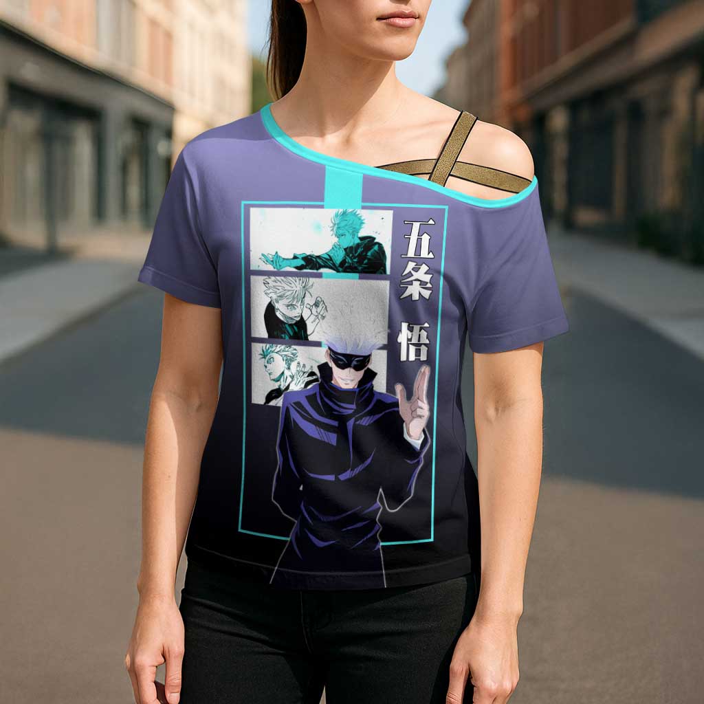 Satoru Gojo from Jujutsu Kaisen Cross Shoulder Shirt with Purple and Blue Background and Multiple Poses Design - The Mazicc