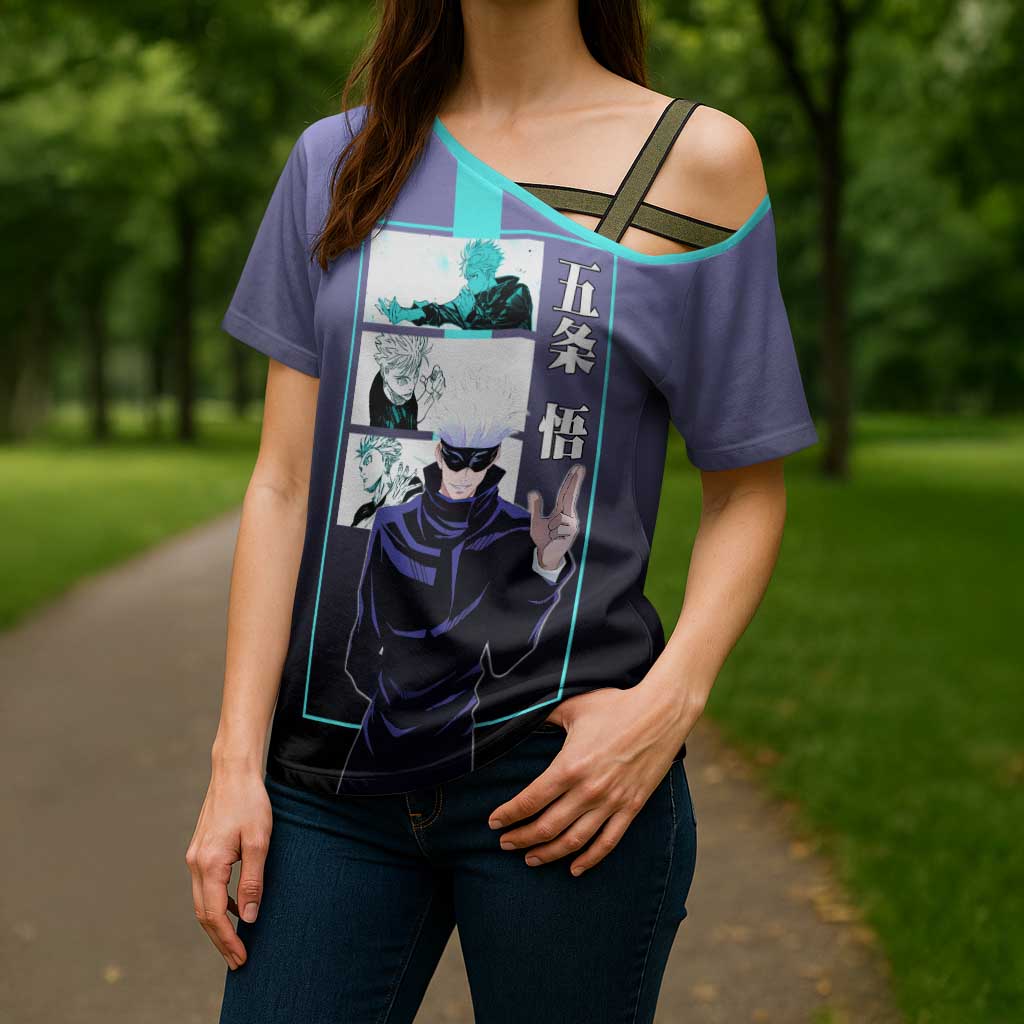 Satoru Gojo from Jujutsu Kaisen Cross Shoulder Shirt with Purple and Blue Background and Multiple Poses Design - The Mazicc