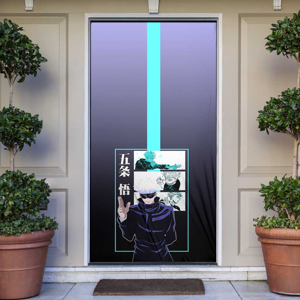 Satoru Gojo from Jujutsu Kaisen Door Cover with Purple and Blue Background and Multiple Poses Design - The Mazicc
