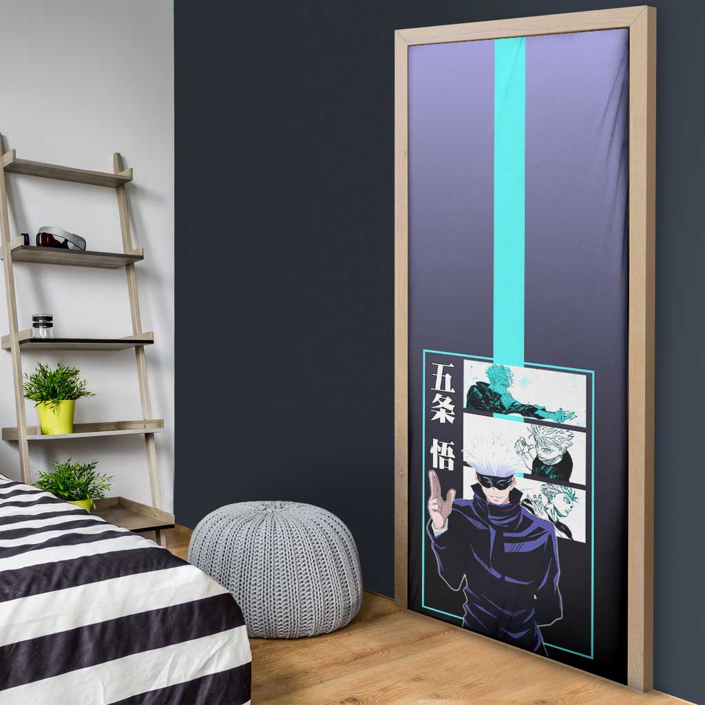 Satoru Gojo from Jujutsu Kaisen Door Cover with Purple and Blue Background and Multiple Poses Design - The Mazicc