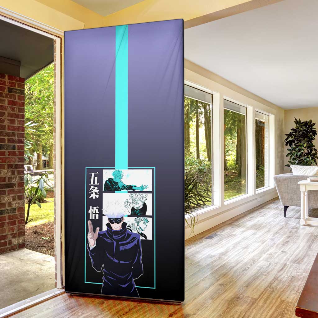 Satoru Gojo from Jujutsu Kaisen Door Cover with Purple and Blue Background and Multiple Poses Design - The Mazicc