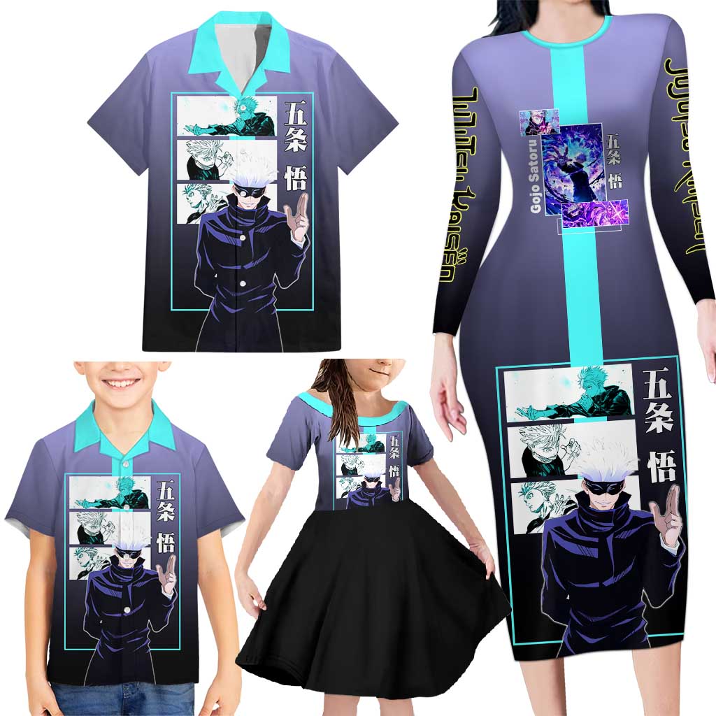 Satoru Gojo from Jujutsu Kaisen Family Matching Long Sleeve Bodycon Dress and Hawaiian Shirt with Purple and Blue Background and Multiple Poses Design - The Mazicc