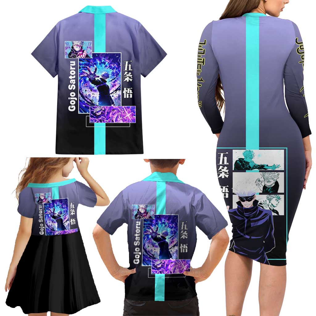 Satoru Gojo from Jujutsu Kaisen Family Matching Long Sleeve Bodycon Dress and Hawaiian Shirt with Purple and Blue Background and Multiple Poses Design - The Mazicc