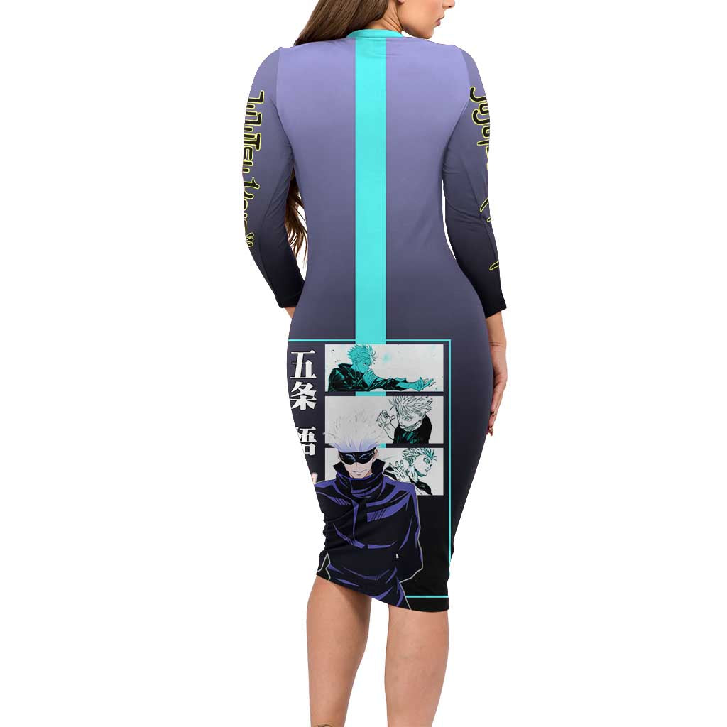Satoru Gojo from Jujutsu Kaisen Family Matching Long Sleeve Bodycon Dress and Hawaiian Shirt with Purple and Blue Background and Multiple Poses Design - The Mazicc