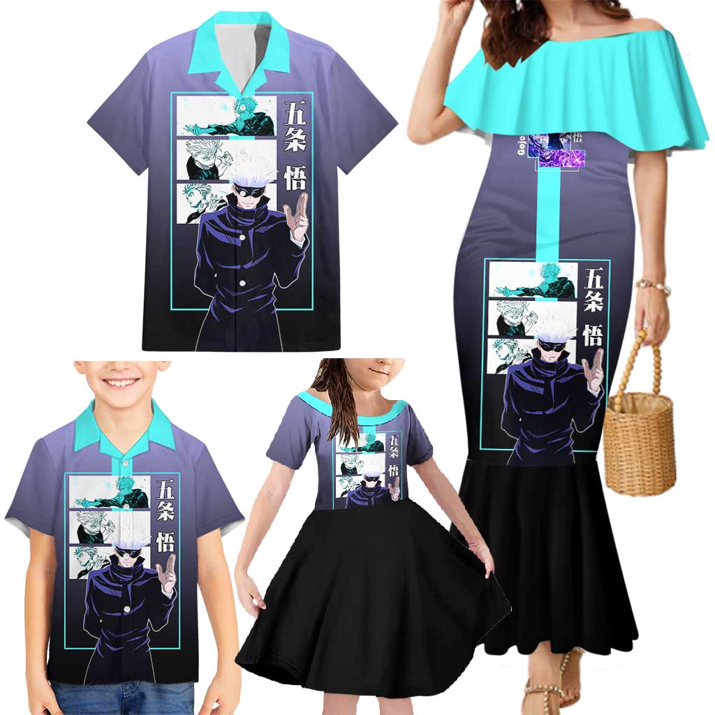 Satoru Gojo from Jujutsu Kaisen Family Matching Mermaid Dress and Hawaiian Shirt with Purple and Blue Background and Multiple Poses Design - The Mazicc