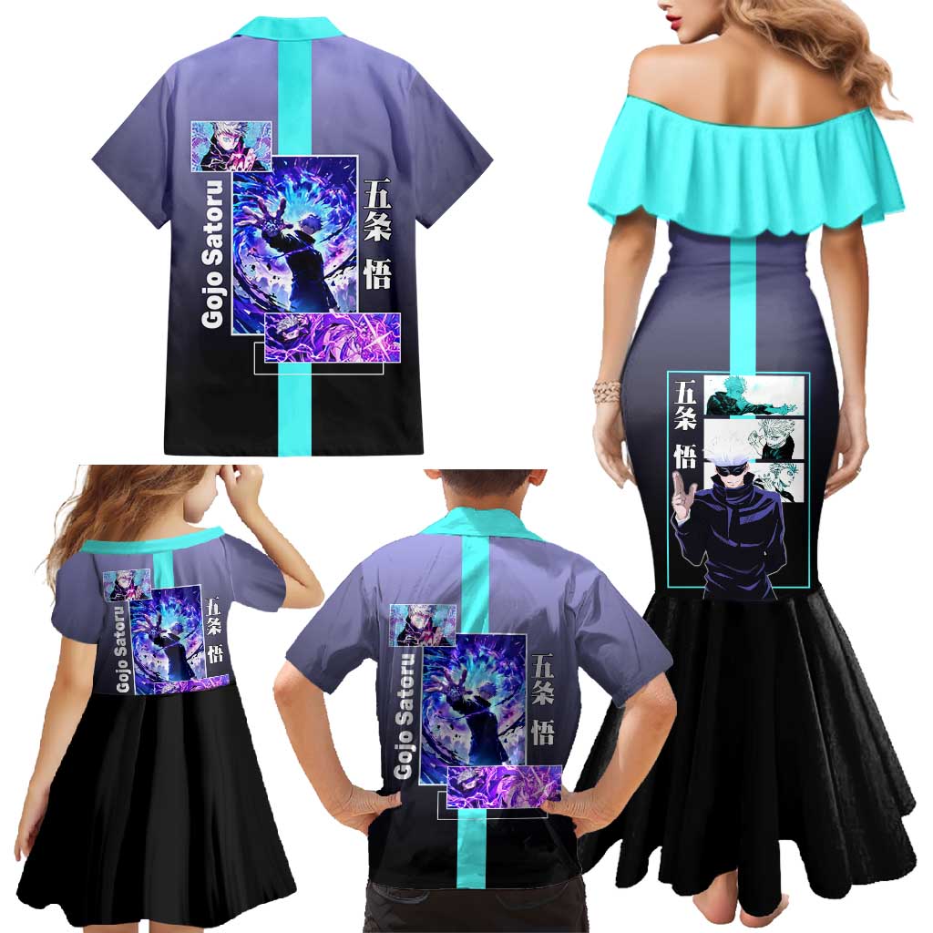 Satoru Gojo from Jujutsu Kaisen Family Matching Mermaid Dress and Hawaiian Shirt with Purple and Blue Background and Multiple Poses Design - The Mazicc