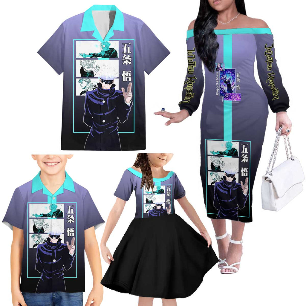 Satoru Gojo from Jujutsu Kaisen Family Matching Off The Shoulder Long Sleeve Dress and Hawaiian Shirt with Purple and Blue Background and Multiple Poses Design - The Mazicc