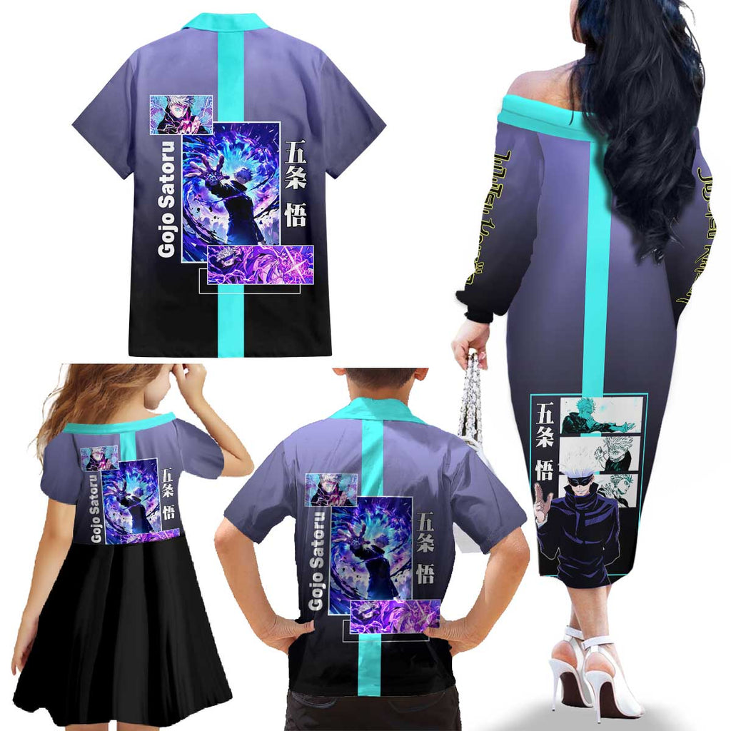 Satoru Gojo from Jujutsu Kaisen Family Matching Off The Shoulder Long Sleeve Dress and Hawaiian Shirt with Purple and Blue Background and Multiple Poses Design - The Mazicc