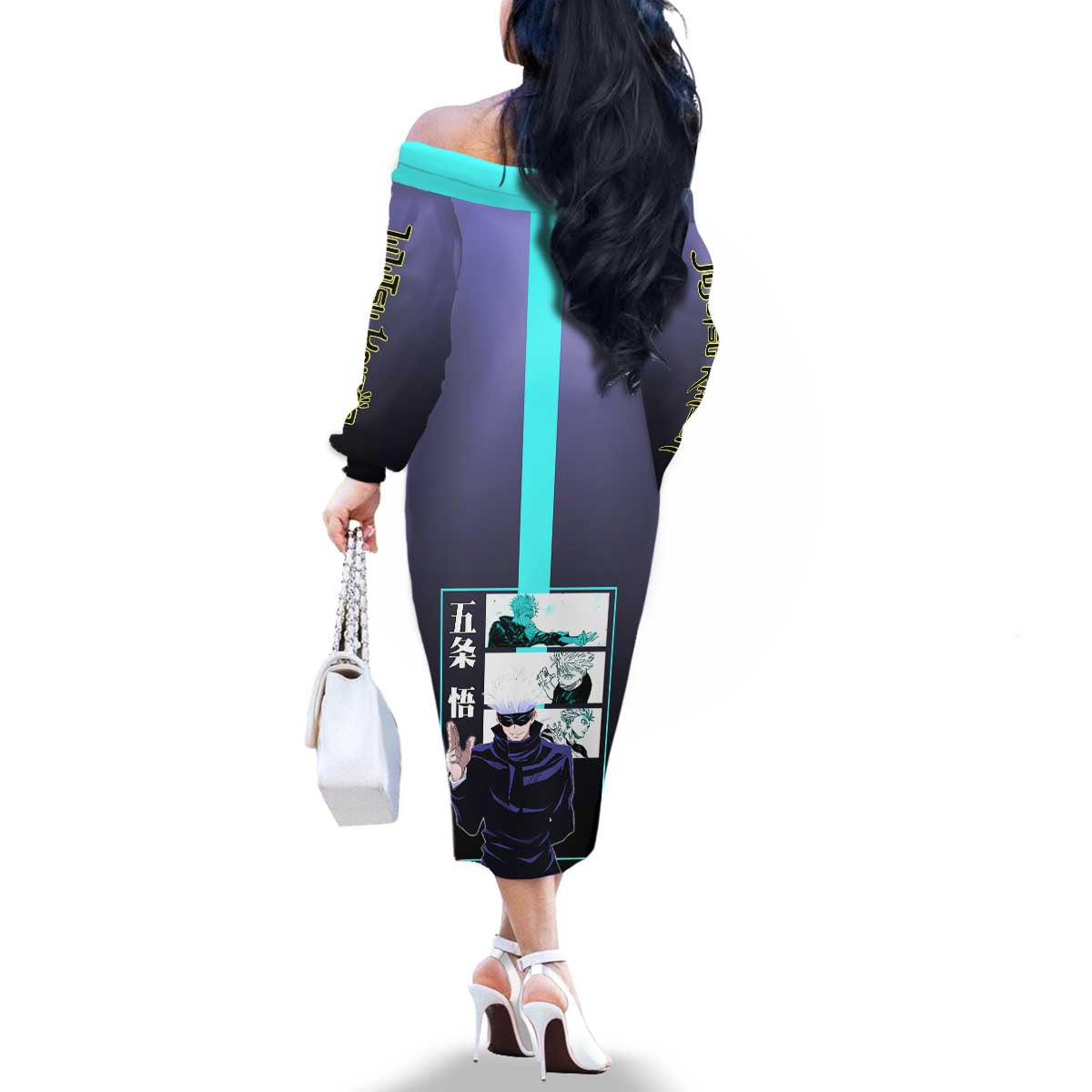 Satoru Gojo from Jujutsu Kaisen Family Matching Off The Shoulder Long Sleeve Dress and Hawaiian Shirt with Purple and Blue Background and Multiple Poses Design - The Mazicc
