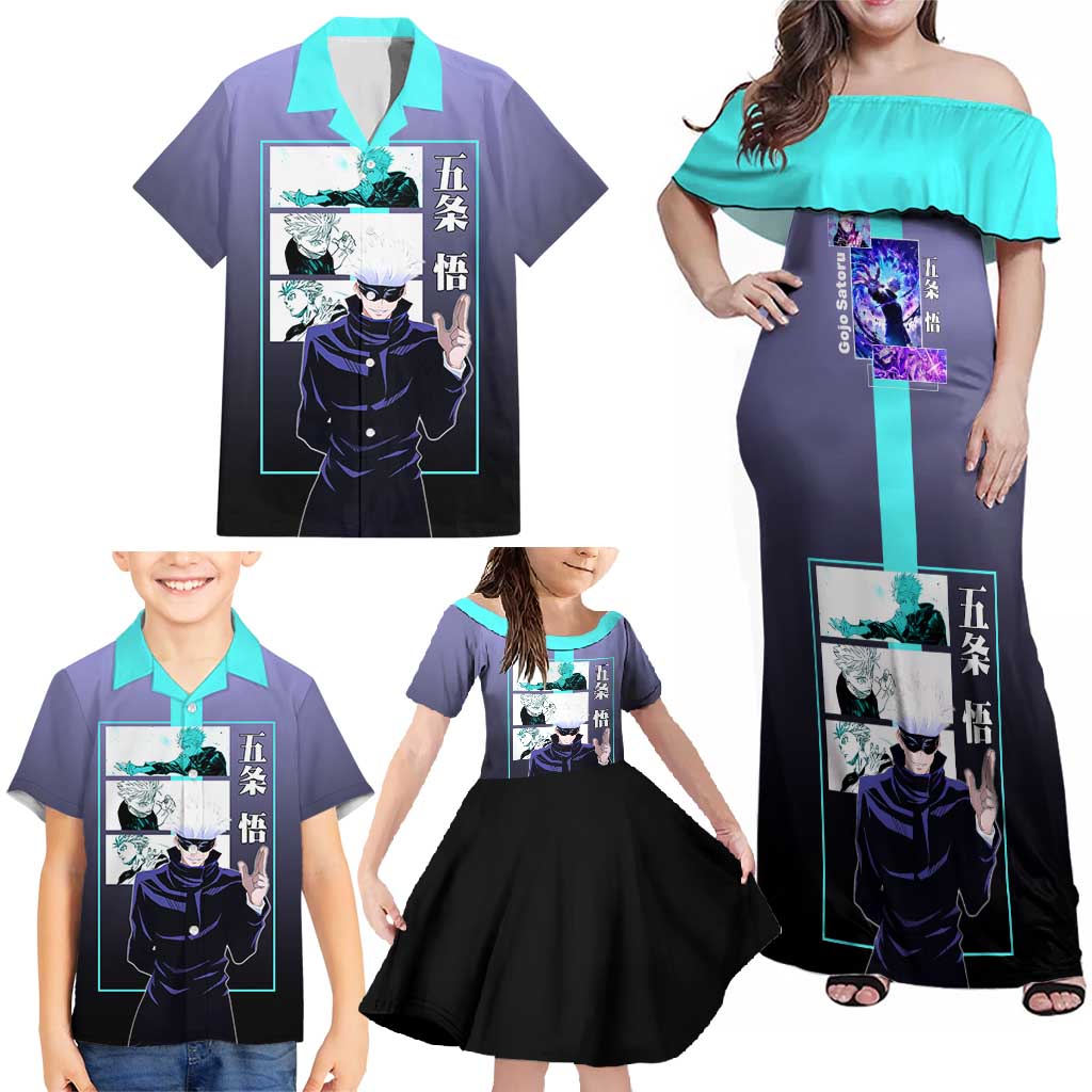 Satoru Gojo from Jujutsu Kaisen Family Matching Off Shoulder Maxi Dress and Hawaiian Shirt with Purple and Blue Background and Multiple Poses Design - The Mazicc
