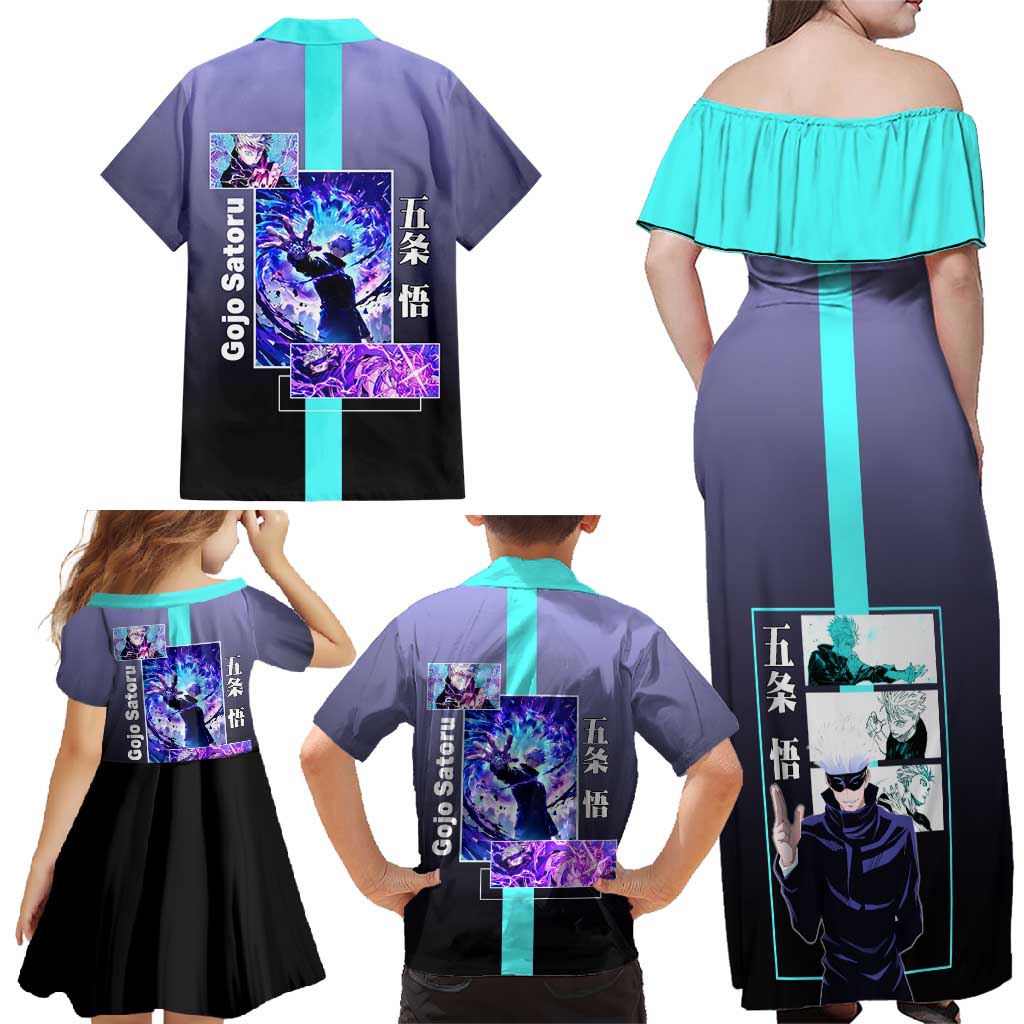 Satoru Gojo from Jujutsu Kaisen Family Matching Off Shoulder Maxi Dress and Hawaiian Shirt with Purple and Blue Background and Multiple Poses Design - The Mazicc
