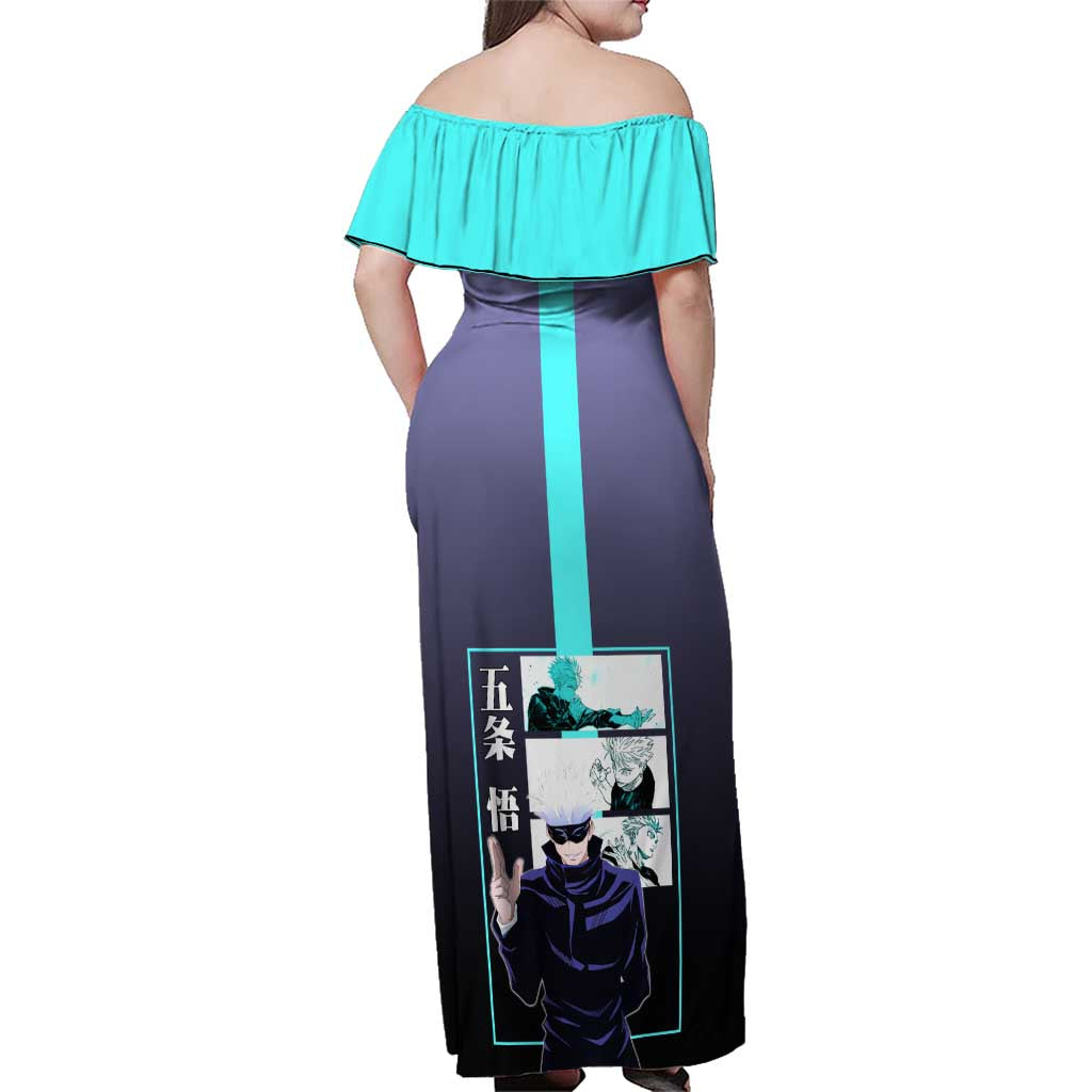 Satoru Gojo from Jujutsu Kaisen Family Matching Off Shoulder Maxi Dress and Hawaiian Shirt with Purple and Blue Background and Multiple Poses Design - The Mazicc