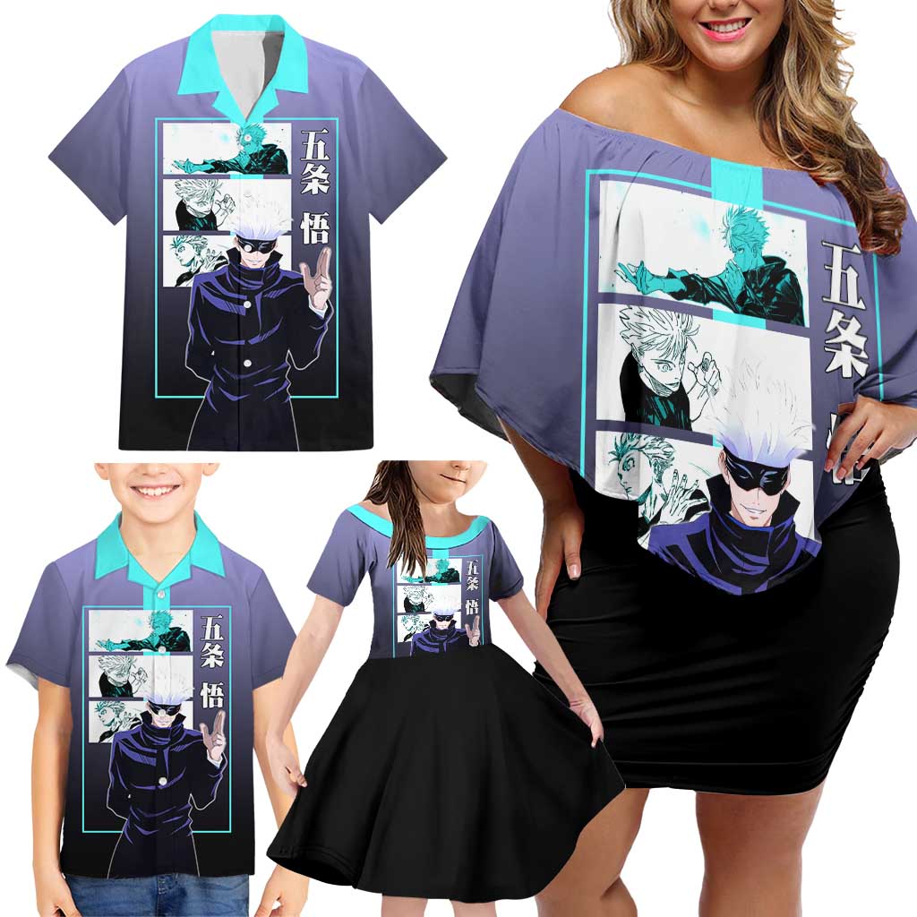 Satoru Gojo from Jujutsu Kaisen Family Matching Off Shoulder Short Dress and Hawaiian Shirt with Purple and Blue Background and Multiple Poses Design - The Mazicc
