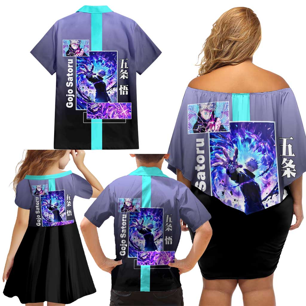Satoru Gojo from Jujutsu Kaisen Family Matching Off Shoulder Short Dress and Hawaiian Shirt with Purple and Blue Background and Multiple Poses Design - The Mazicc