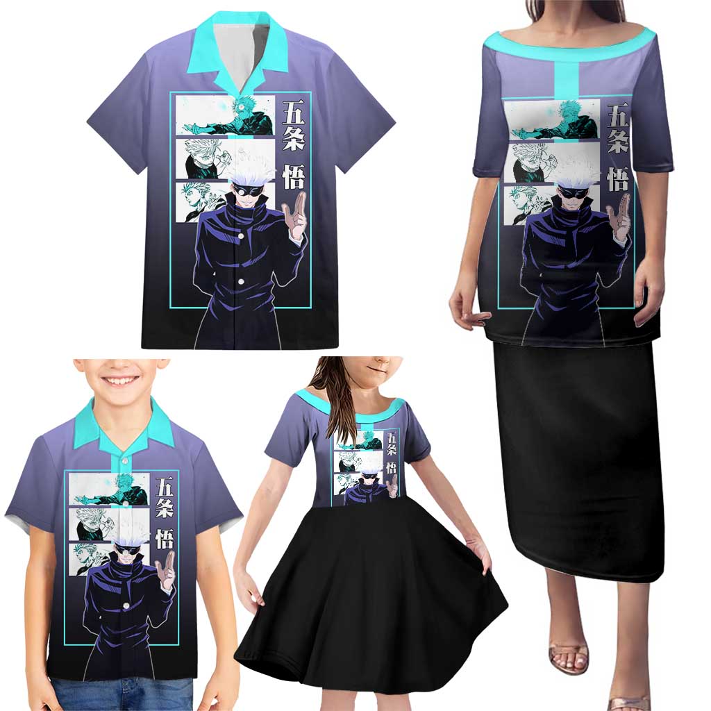 Satoru Gojo from Jujutsu Kaisen Family Matching Puletasi and Hawaiian Shirt with Purple and Blue Background and Multiple Poses Design - The Mazicc