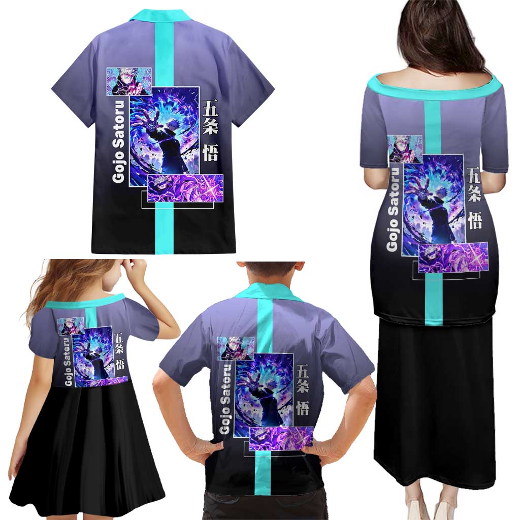 Satoru Gojo from Jujutsu Kaisen Family Matching Puletasi and Hawaiian Shirt with Purple and Blue Background and Multiple Poses Design - The Mazicc