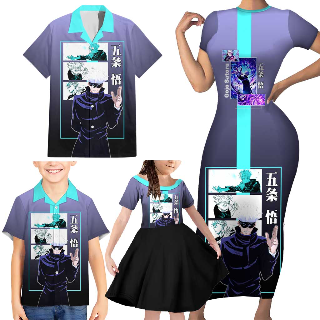 Satoru Gojo from Jujutsu Kaisen Family Matching Short Sleeve Bodycon Dress and Hawaiian Shirt with Purple and Blue Background and Multiple Poses Design - The Mazicc