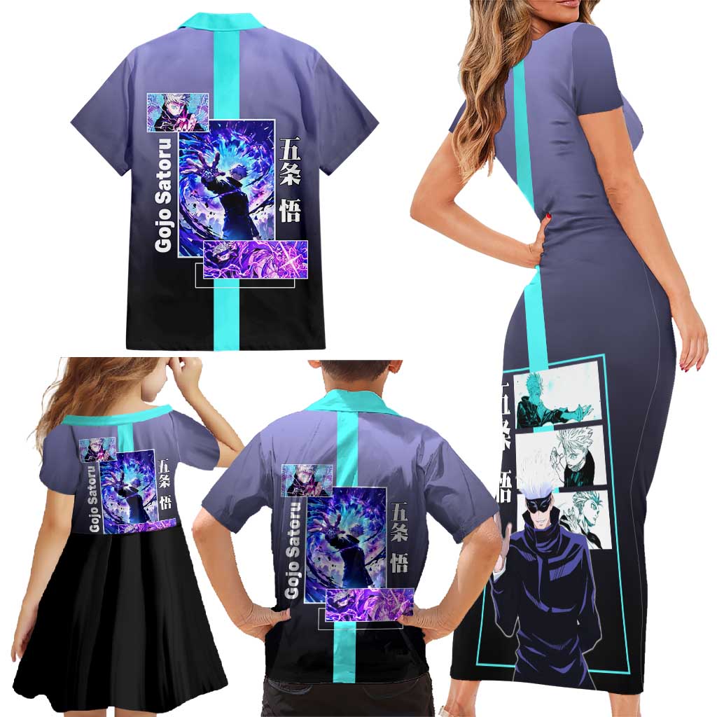Satoru Gojo from Jujutsu Kaisen Family Matching Short Sleeve Bodycon Dress and Hawaiian Shirt with Purple and Blue Background and Multiple Poses Design - The Mazicc