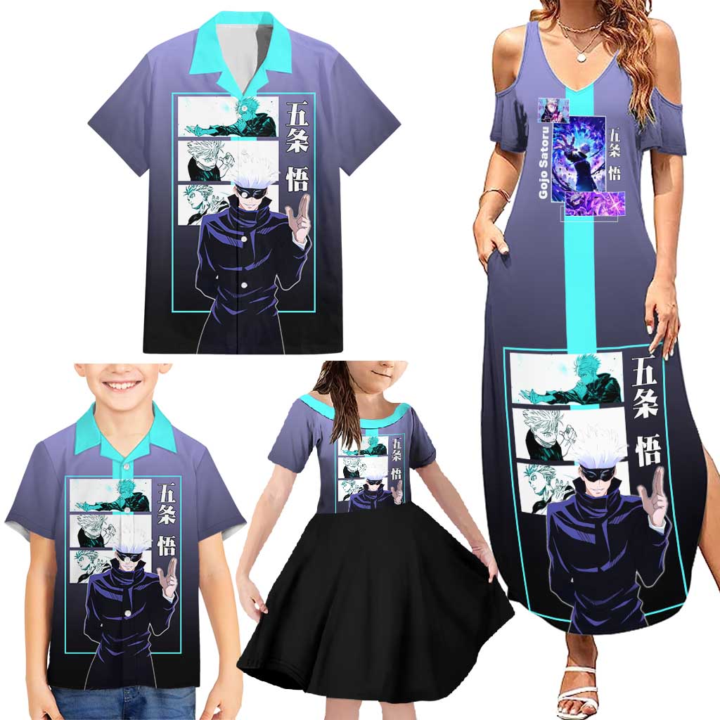 Satoru Gojo from Jujutsu Kaisen Family Matching Summer Maxi Dress and Hawaiian Shirt with Purple and Blue Background and Multiple Poses Design - The Mazicc