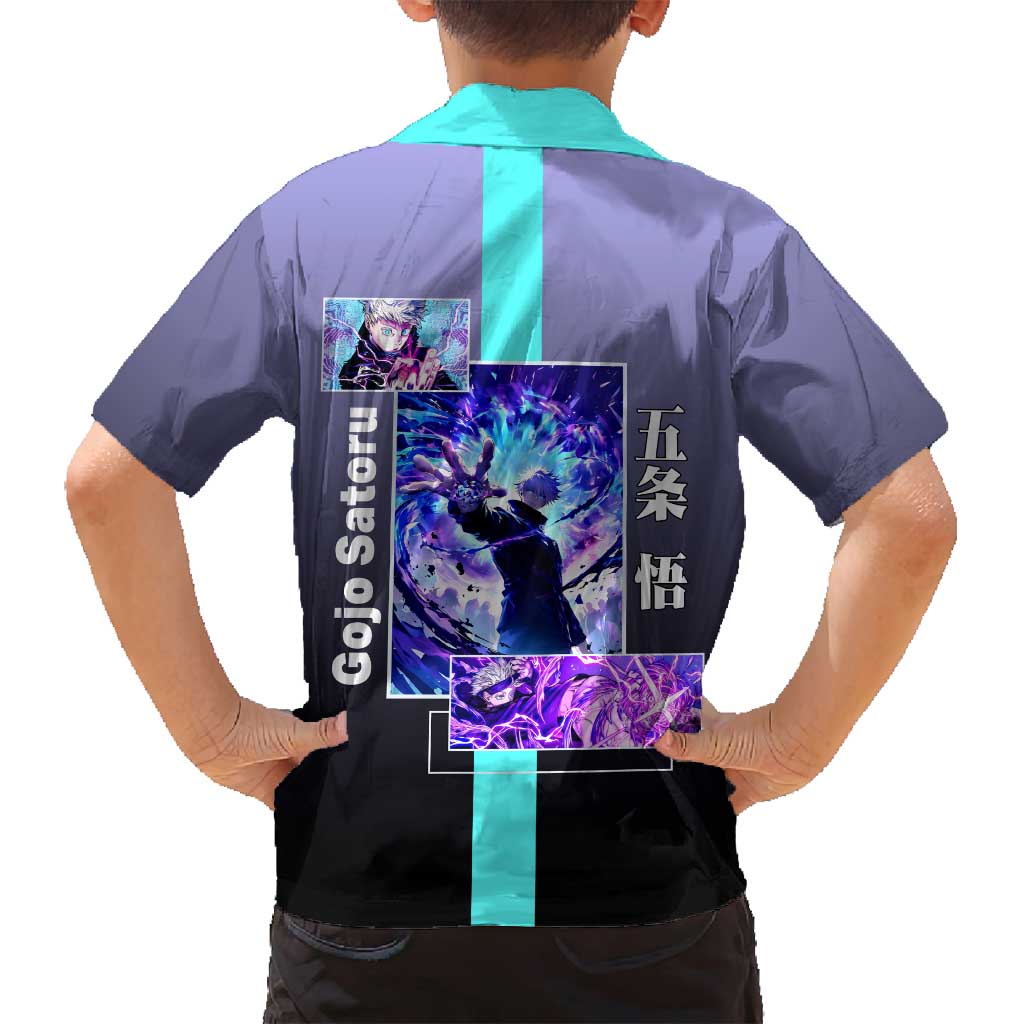 Satoru Gojo from Jujutsu Kaisen Family Matching Summer Maxi Dress and Hawaiian Shirt with Purple and Blue Background and Multiple Poses Design - The Mazicc