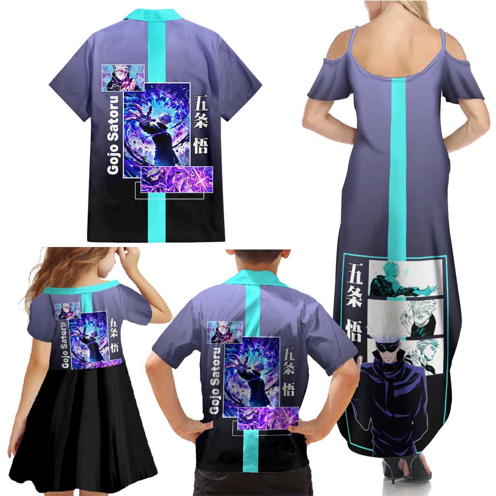 Satoru Gojo from Jujutsu Kaisen Family Matching Summer Maxi Dress and Hawaiian Shirt with Purple and Blue Background and Multiple Poses Design - The Mazicc