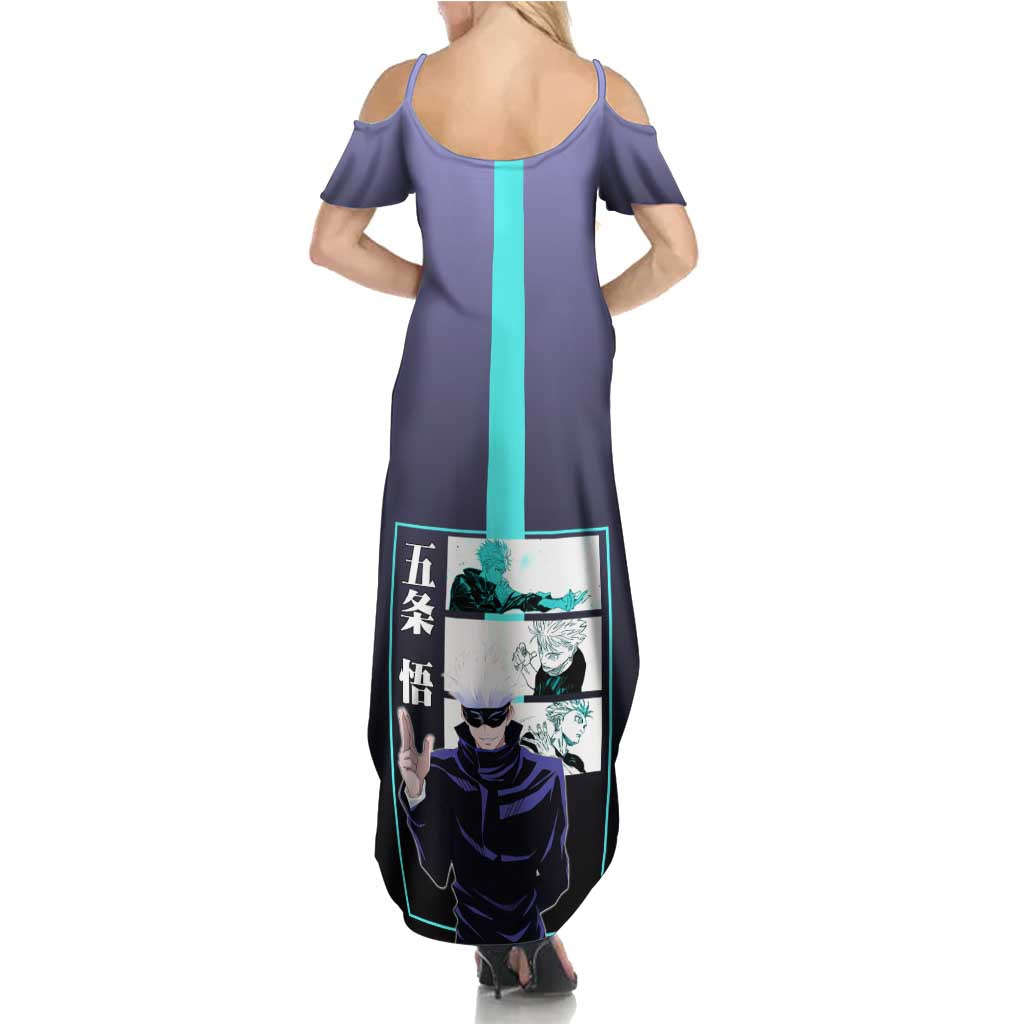 Satoru Gojo from Jujutsu Kaisen Family Matching Summer Maxi Dress and Hawaiian Shirt with Purple and Blue Background and Multiple Poses Design - The Mazicc