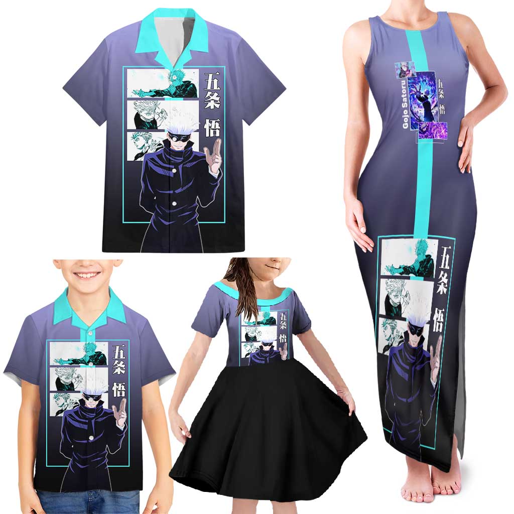 Satoru Gojo from Jujutsu Kaisen Family Matching Tank Maxi Dress and Hawaiian Shirt with Purple and Blue Background and Multiple Poses Design - The Mazicc