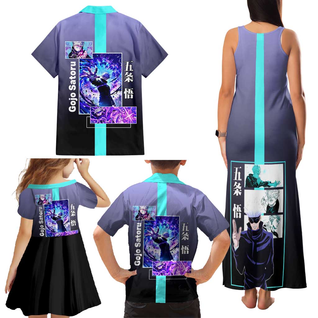 Satoru Gojo from Jujutsu Kaisen Family Matching Tank Maxi Dress and Hawaiian Shirt with Purple and Blue Background and Multiple Poses Design - The Mazicc