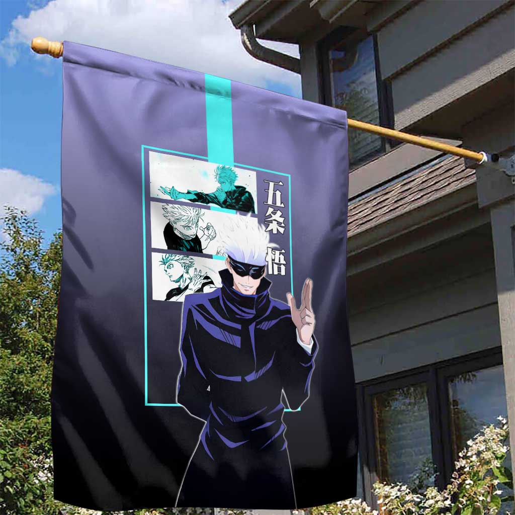 Satoru Gojo from Jujutsu Kaisen Garden Flag with Purple and Blue Background and Multiple Poses Design - The Mazicc
