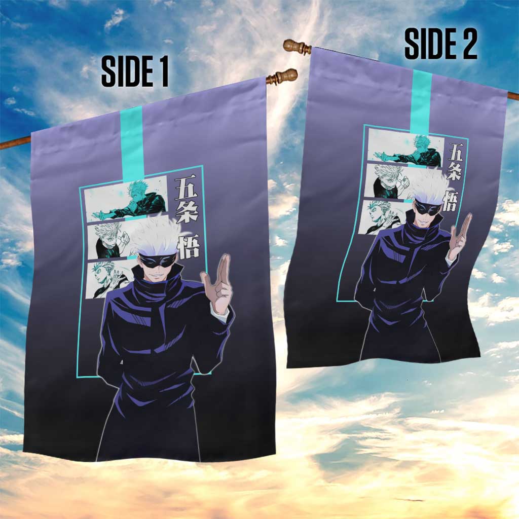 Satoru Gojo from Jujutsu Kaisen Garden Flag with Purple and Blue Background and Multiple Poses Design - The Mazicc