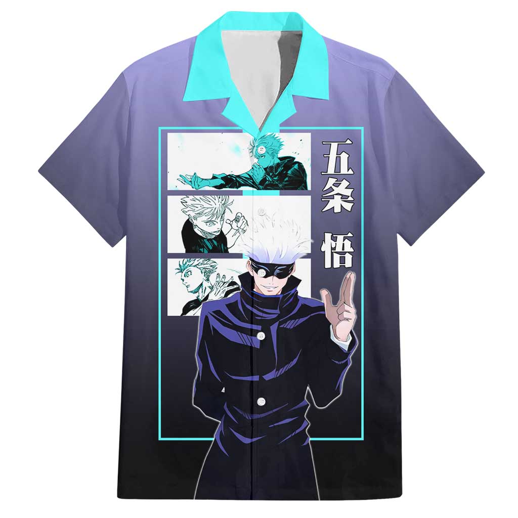 Satoru Gojo from Jujutsu Kaisen Hawaiian Shirt with Purple and Blue Background and Multiple Poses Design - The Mazicc