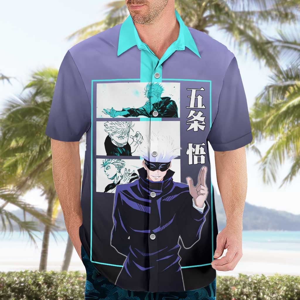 Satoru Gojo from Jujutsu Kaisen Hawaiian Shirt with Purple and Blue Background and Multiple Poses Design - The Mazicc